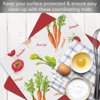 Cut N' Funnel Veggie Splash/Red 2 Pack Designer Flexible Plastic Cutting Board Mat With Coordinating Solid Flex Mat 15" x 11.5", Made in the USA, Decorative, Flexible, Easy to Clean