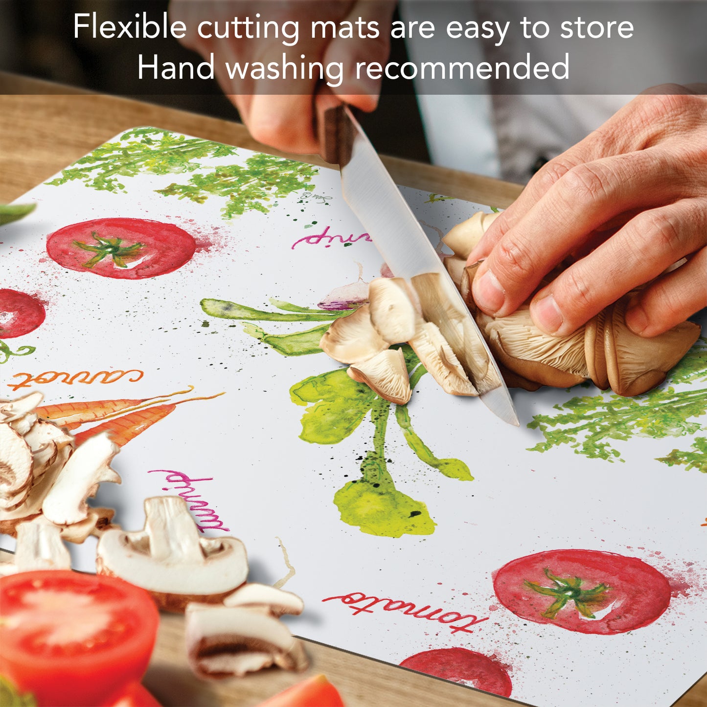 Cut N' Funnel Veggie Splash/Red 2 Pack Designer Flexible Plastic Cutting Board Mat With Coordinating Solid Flex Mat 15" x 11.5", Made in the USA, Decorative, Flexible, Easy to Clean