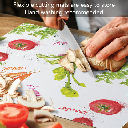 Cut N' Funnel Veggie Splash/Red 2 Pack Designer Flexible Plastic Cutting Board Mat With Coordinating Solid Flex Mat 15" x 11.5", Made in the USA, Decorative, Flexible, Easy to Clean
