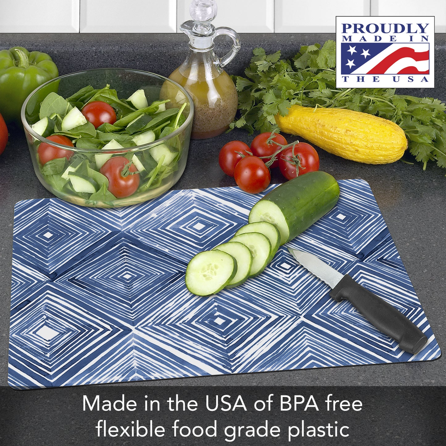 Cut N' Funnel Shibori Blues Designer Flexible Plastic Cutting Board Mat 15" x 11.5", Made in the USA, Decorative, Flexible, Easy to Clean