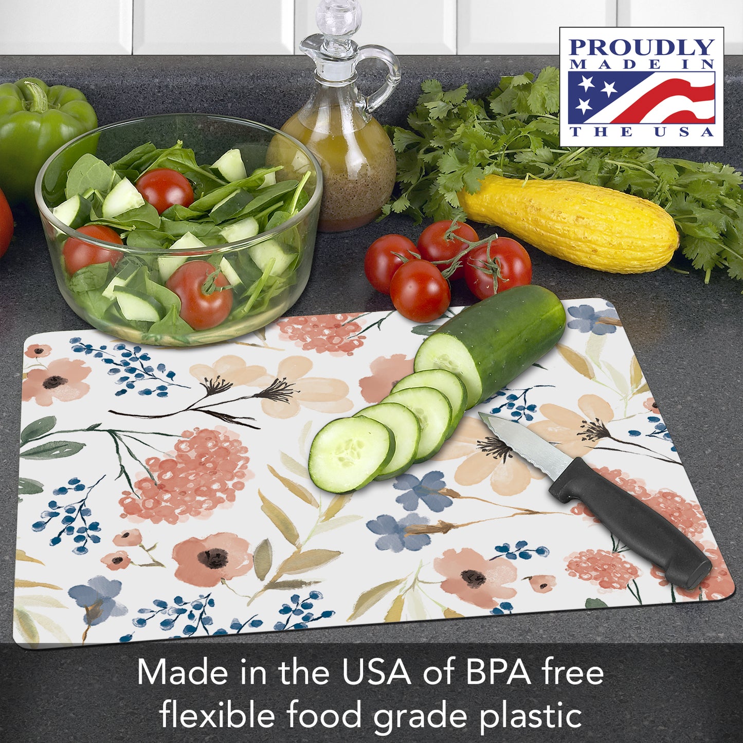 Cut N' Funnel Meadow Designer Flexible Plastic Cutting Board Mat 15" x 11.5", Made in the USA, Decorative, Flexible, Easy to Clean