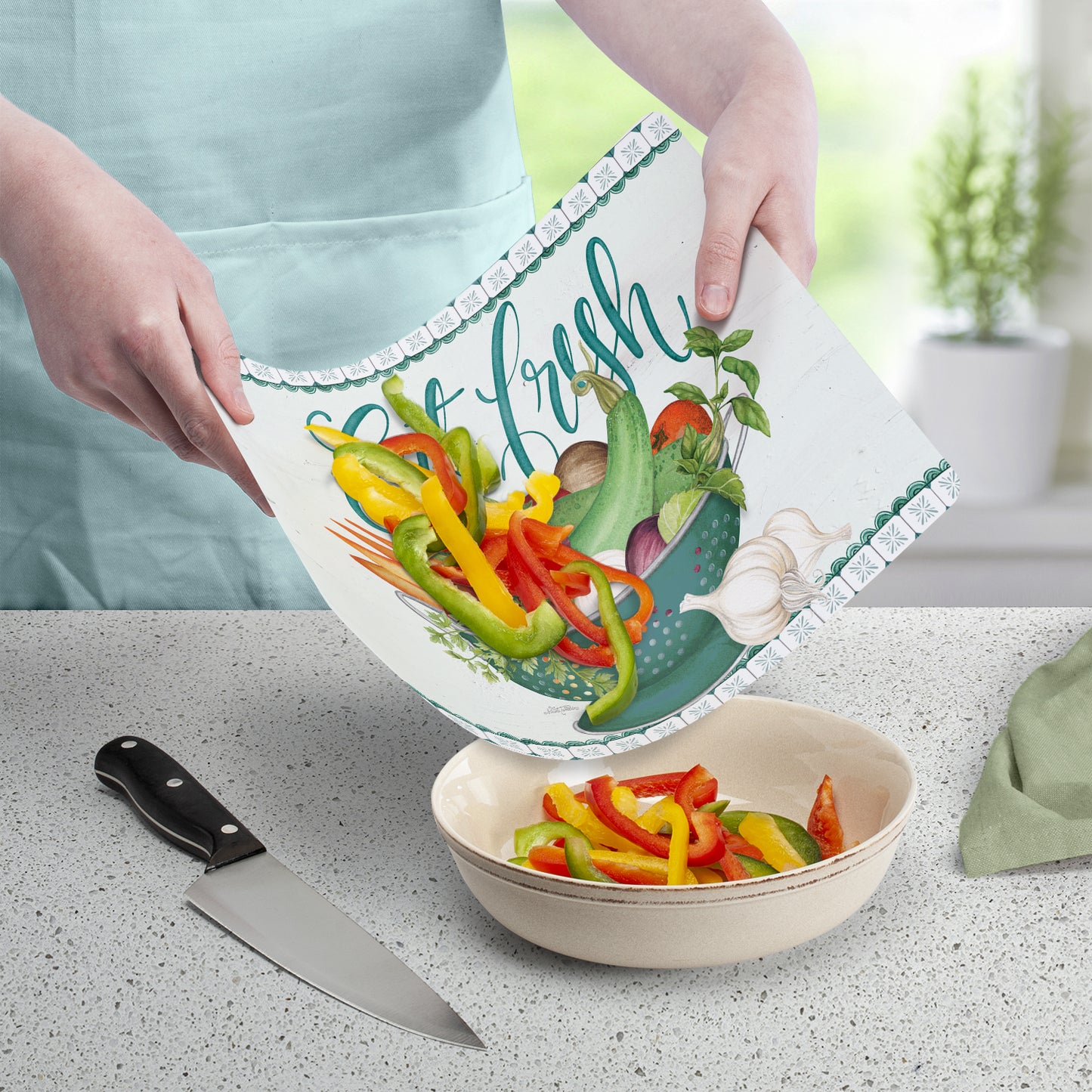 Cut N' Funnel Eat Fresh Designer Flexible Plastic Cutting Board Mat 15" x 11.5", Made in the USA, Decorative, Flexible, Easy to Clean