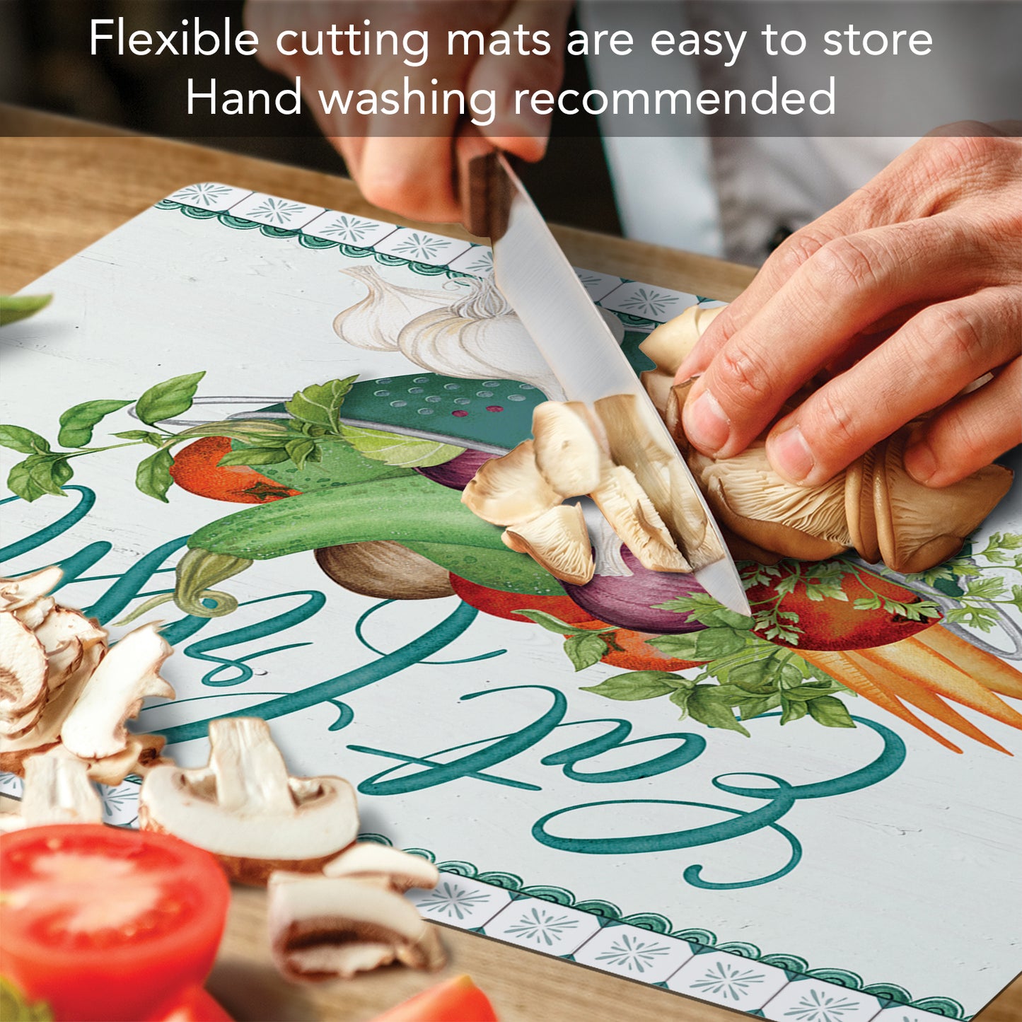 Cut N' Funnel Eat Fresh Designer Flexible Plastic Cutting Board Mat 15" x 11.5", Made in the USA, Decorative, Flexible, Easy to Clean