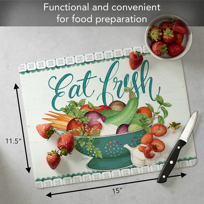 Cut N' Funnel Eat Fresh Designer Flexible Plastic Cutting Board Mat 15" x 11.5", Made in the USA, Decorative, Flexible, Easy to Clean
