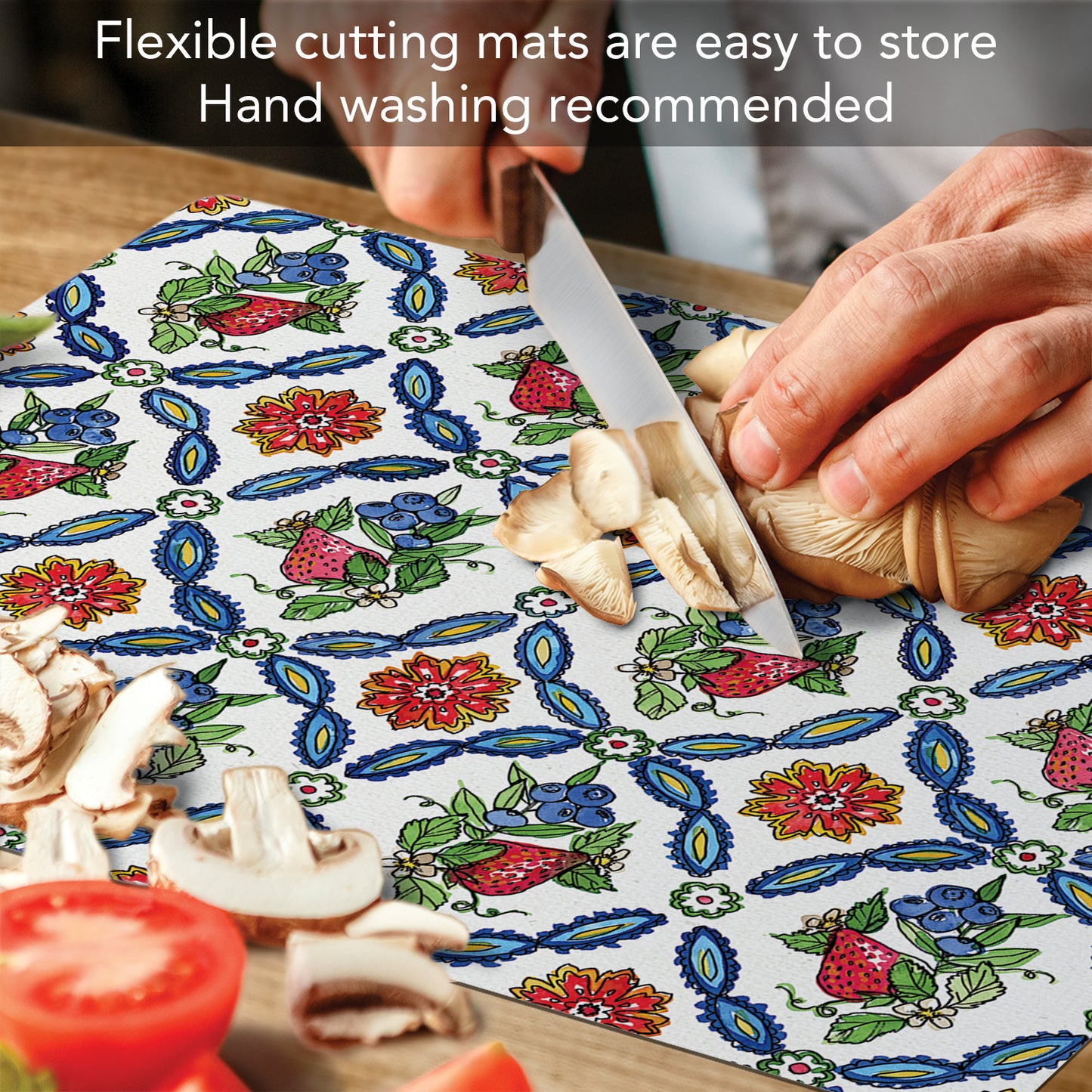 Cut N' Funnel Strawberry Garden Designer Flexible Plastic Cutting Board Mat 15" x 11.5", Made in the USA, Decorative, Flexible, Easy to Clean