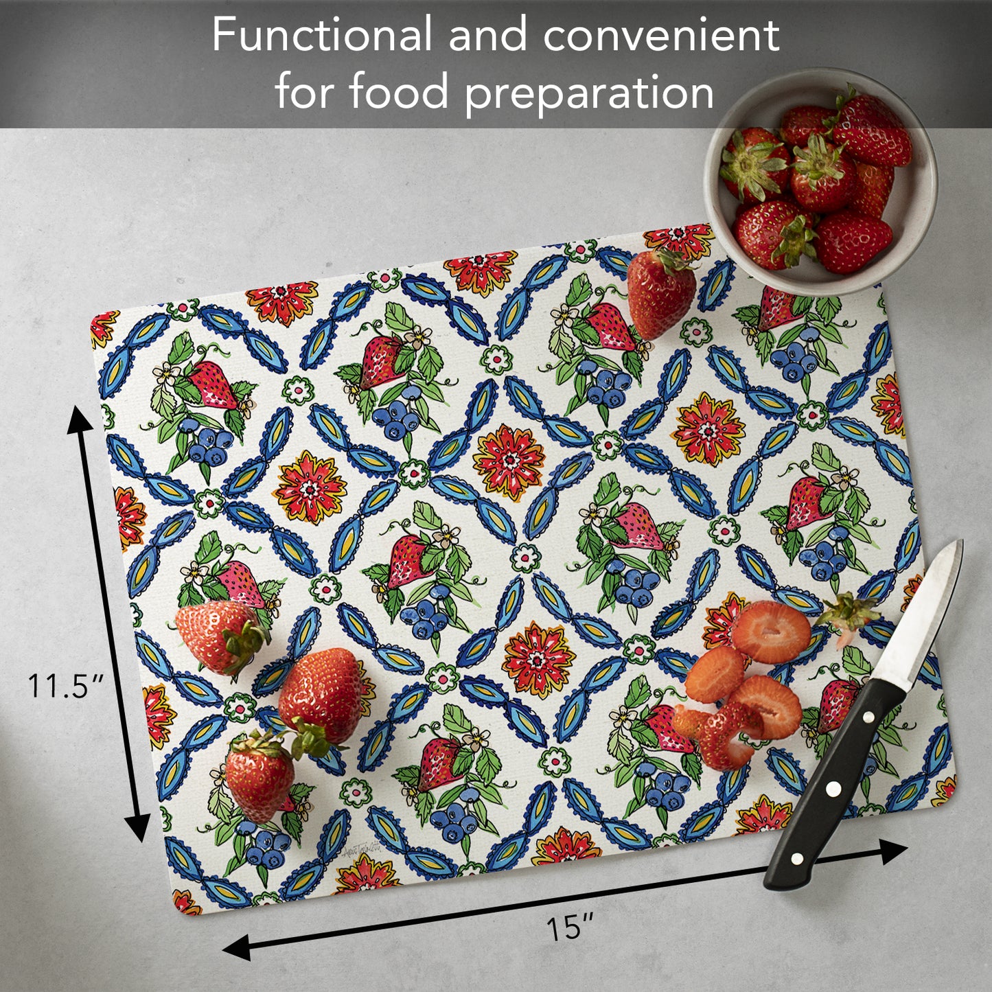 Cut N' Funnel Strawberry Garden Designer Flexible Plastic Cutting Board Mat 15" x 11.5", Made in the USA, Decorative, Flexible, Easy to Clean