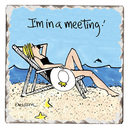Thirstystone In a Meeting Single Tumbled Tile Stone Coaster with Protective Cork Backing Manufactured in The USA 4" Square, Colorful, Artistiic, Easily Wipes Clean
