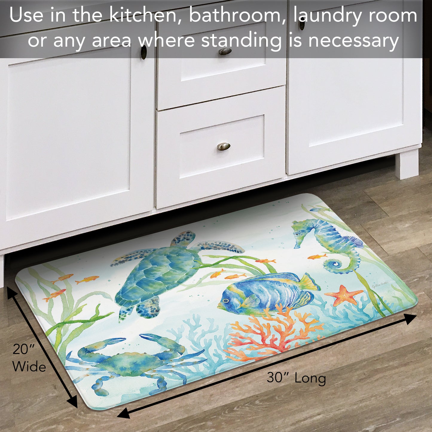 Counterart Sea Life Serenade 30” x 20” Decorative Vinyl Comfort Floor Mat, Manufactured in The USA, Waterproof, Reduces Muscle Fatigue, Easily Wipes Clean