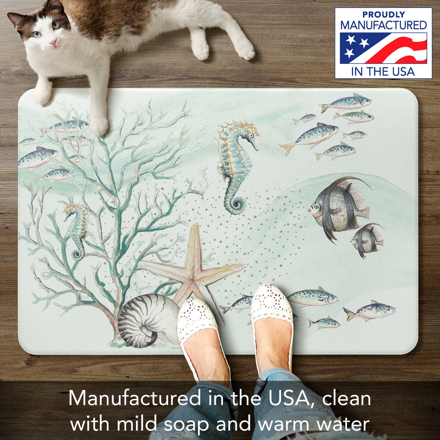 Counterart Ocean Treasures 30” x 20” Decorative Vinyl Comfort Floor Mat, Manufactured in The USA, Waterproof, Reduces Muscle Fatigue, Easily Wipes Clean