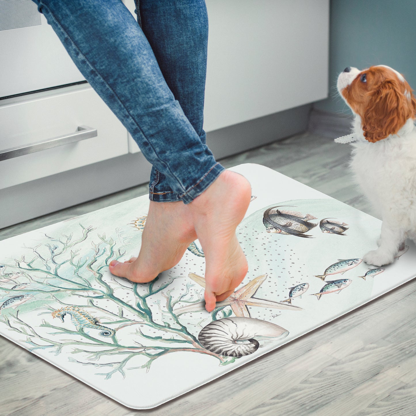 Counterart Ocean Treasures 30” x 20” Decorative Vinyl Comfort Floor Mat, Manufactured in The USA, Waterproof, Reduces Muscle Fatigue, Easily Wipes Clean