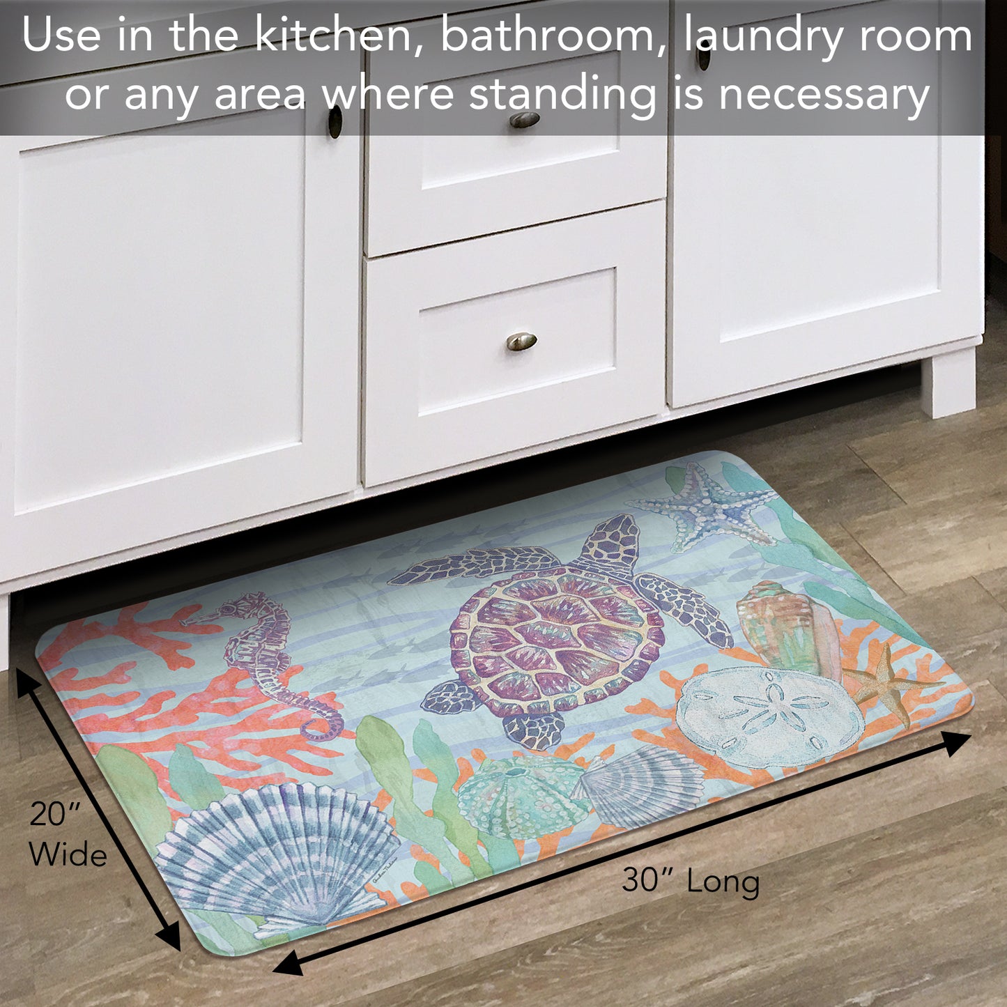 CounterArt Salt & Sea Turtle 30” x 20” Decorative Vinyl Comfort Floor Mat, Manufactured in The USA, Waterproof, Reduces Muscle Fatigue, Easily Wipes Clean
