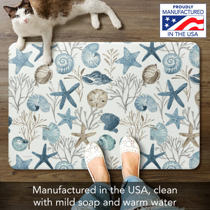 CounterArt Blue Shells 30” x 20” Decorative Vinyl Floor Mat Manufactured in The USA Waterproof Easy to Clean Textured Vinyl Backing