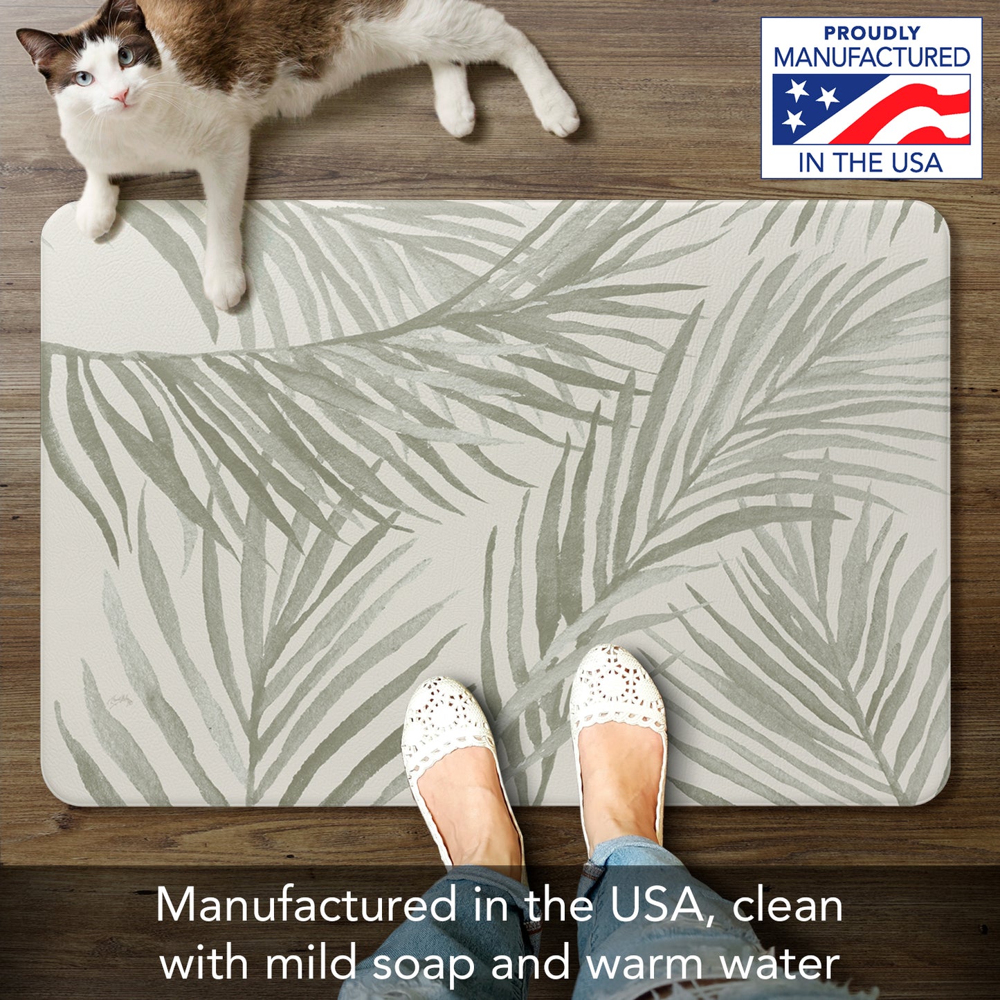 CounterArt Grey Palm Fronds 30” x 20” Decorative Vinyl Comfort Floor Mat Manufactured in The USA, Waterproof, Reduces Muscle Fatigue, Easy to Clean