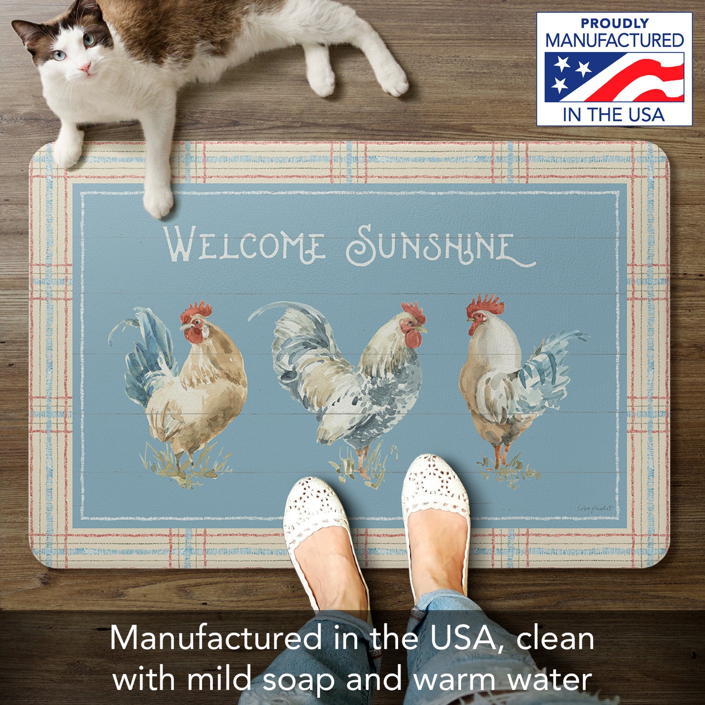 Highland Home Welcome Sunshine Chickens 30” x 20” Decorative Vinyl Comfort Floor Mat Manufactured in The USA, Waterproof, Reduces Muscle Fatigue, Easy to Clean