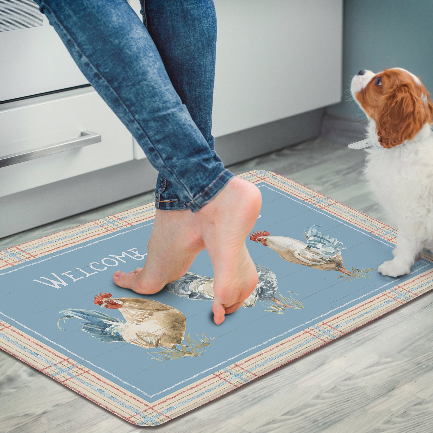 Highland Home Welcome Sunshine Chickens 30” x 20” Decorative Vinyl Comfort Floor Mat Manufactured in The USA, Waterproof, Reduces Muscle Fatigue, Easy to Clean