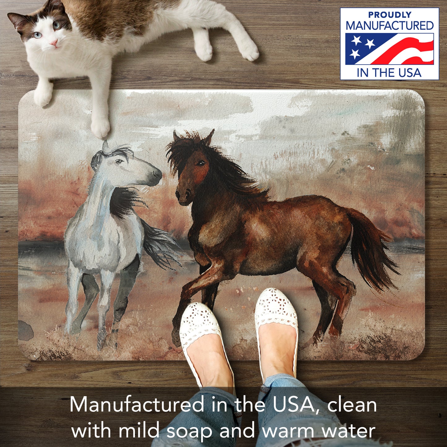 Highland Home Southwest Horses 30” x 20” Decorative Vinyl Comfort Floor Mat Manufactured in The USA, Waterproof, Easy to Clean