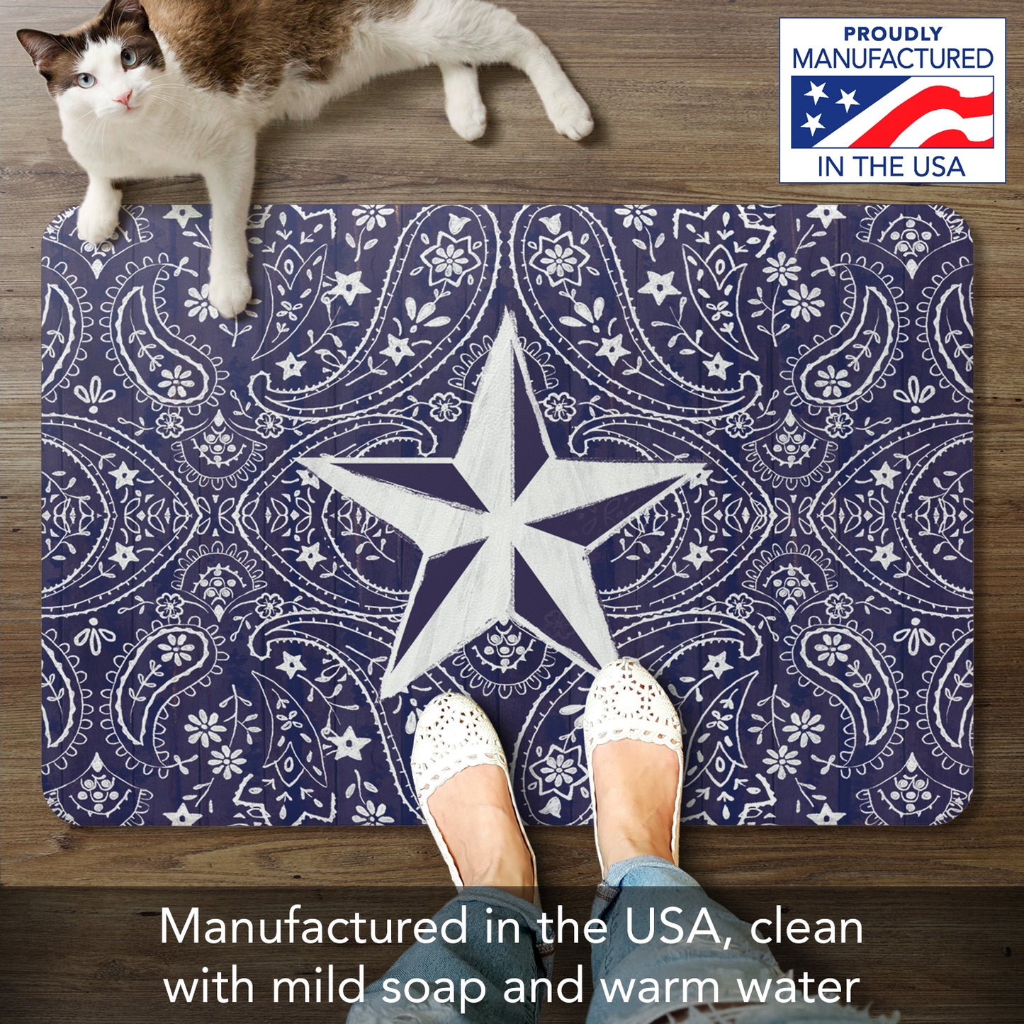 Highland Home Blue Bandana Star 30” x 20” Decorative Vinyl Comfort Floor Mat Manufactured in The USA, Waterproof, Easy to Clean