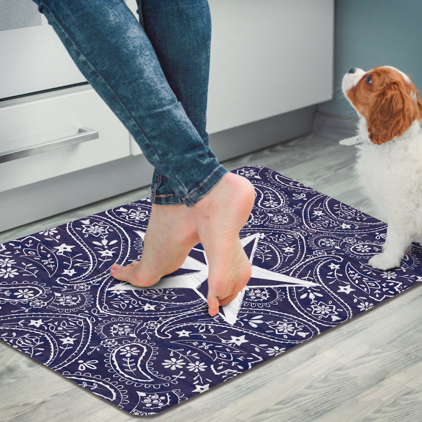 Highland Home Blue Bandana Star 30” x 20” Decorative Vinyl Comfort Floor Mat Manufactured in The USA, Waterproof, Easy to Clean