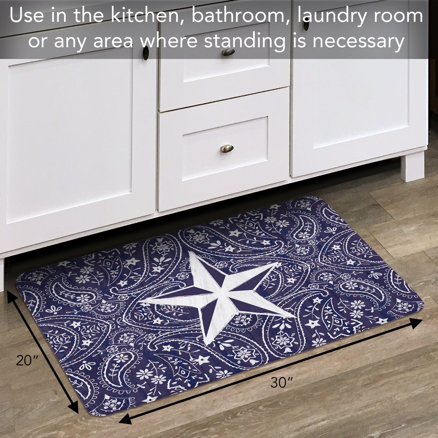 Highland Home Blue Bandana Star 30” x 20” Decorative Vinyl Comfort Floor Mat Manufactured in The USA, Waterproof, Easy to Clean