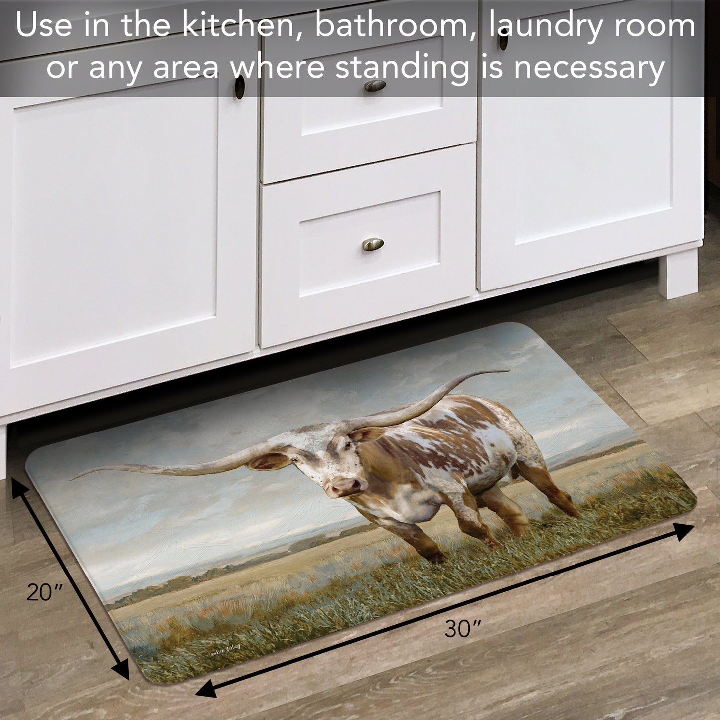 Highland Home Longhorn 30” x 20” Decorative Vinyl Comfort Floor Mat Manufactured in The USA, Waterproof, Easy to Clean
