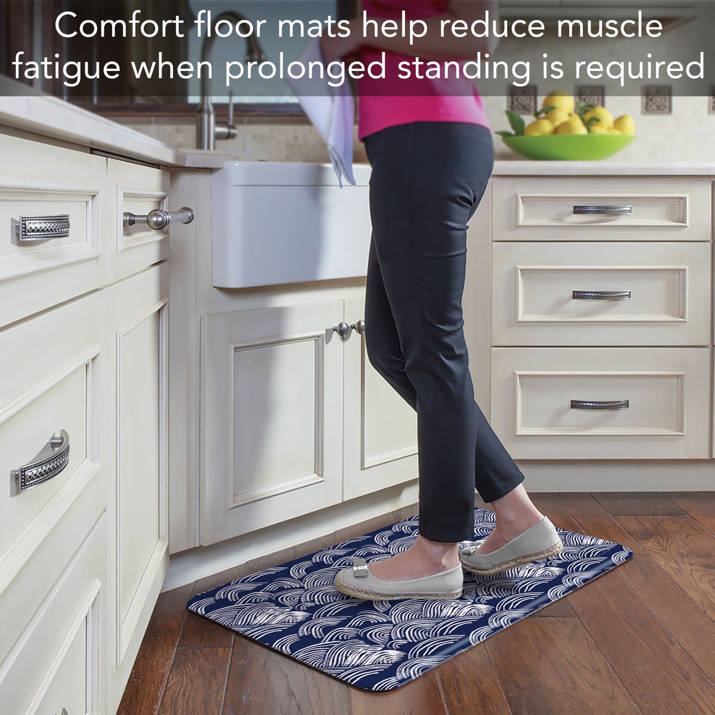 Highland Home Indigo Waves 30” x 20” Decorative Vinyl Comfort Floor Mat Manufactured in The USA, Waterproof, Easy to Clean