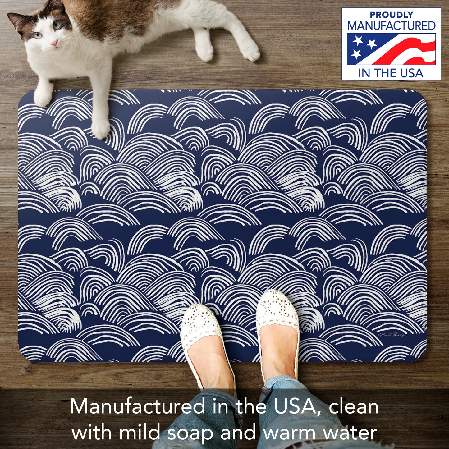 Highland Home Indigo Waves 30” x 20” Decorative Vinyl Comfort Floor Mat Manufactured in The USA, Waterproof, Easy to Clean