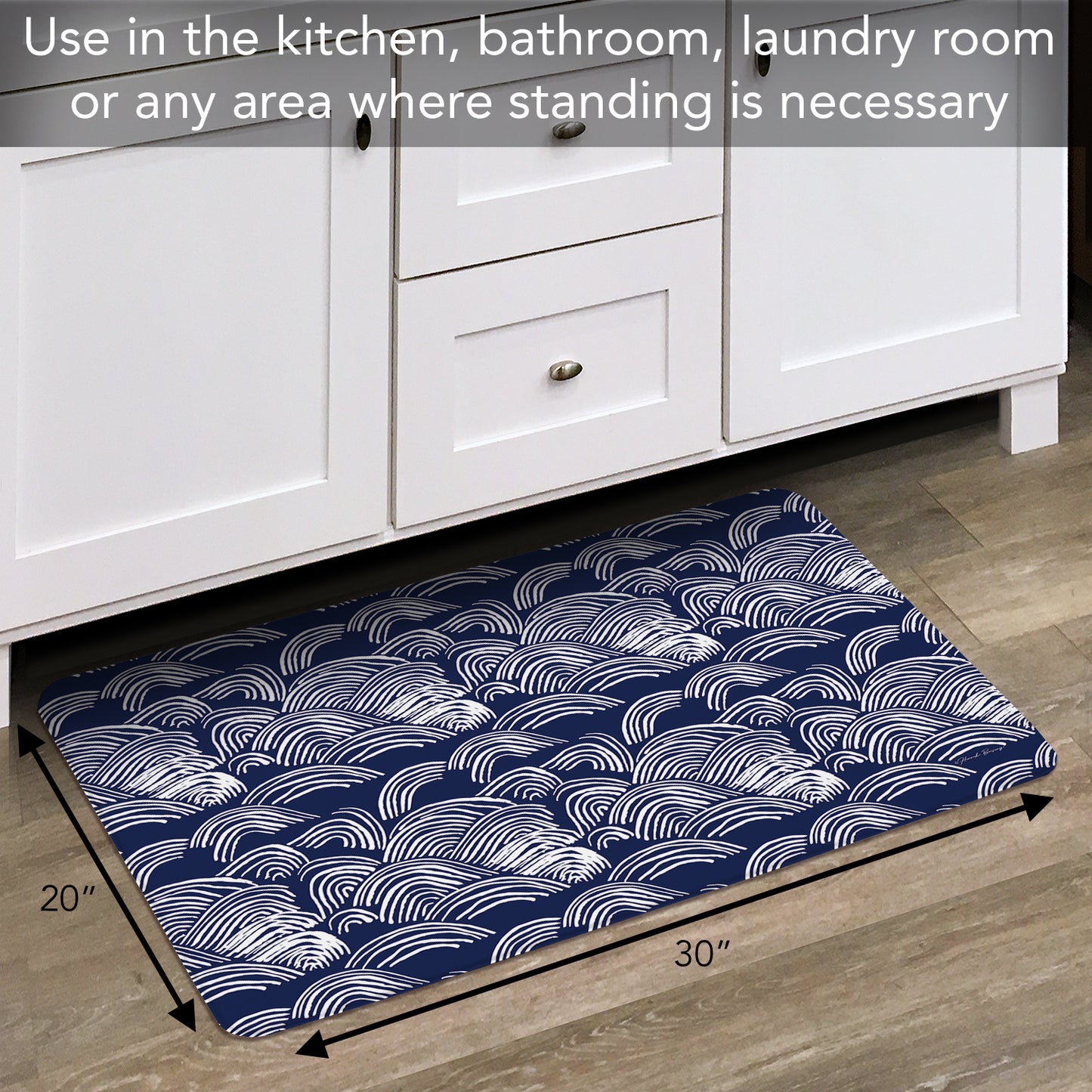 Highland Home Indigo Waves 30” x 20” Decorative Vinyl Comfort Floor Mat Manufactured in The USA, Waterproof, Easy to Clean