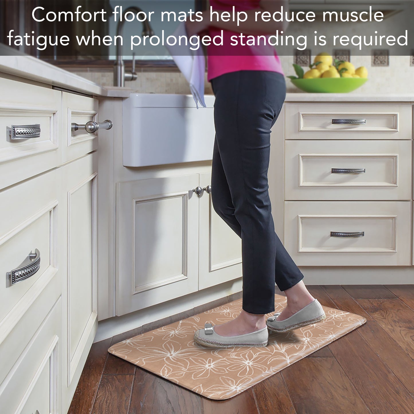 Highland Home Mocha Lily 30” x 20” Decorative Vinyl Comfort Floor Mat Manufactured in The USA, Waterproof, Easy to Clean