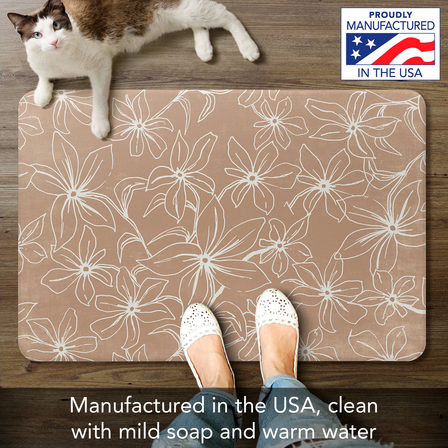 Highland Home Mocha Lily 30” x 20” Decorative Vinyl Comfort Floor Mat Manufactured in The USA, Waterproof, Easy to Clean