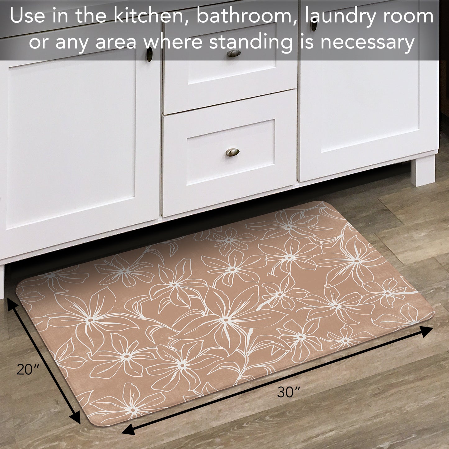 Highland Home Mocha Lily 30” x 20” Decorative Vinyl Comfort Floor Mat Manufactured in The USA, Waterproof, Easy to Clean