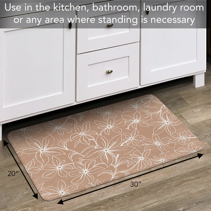 Highland Home Mocha Lily 30” x 20” Decorative Vinyl Comfort Floor Mat Manufactured in The USA, Waterproof, Easy to Clean