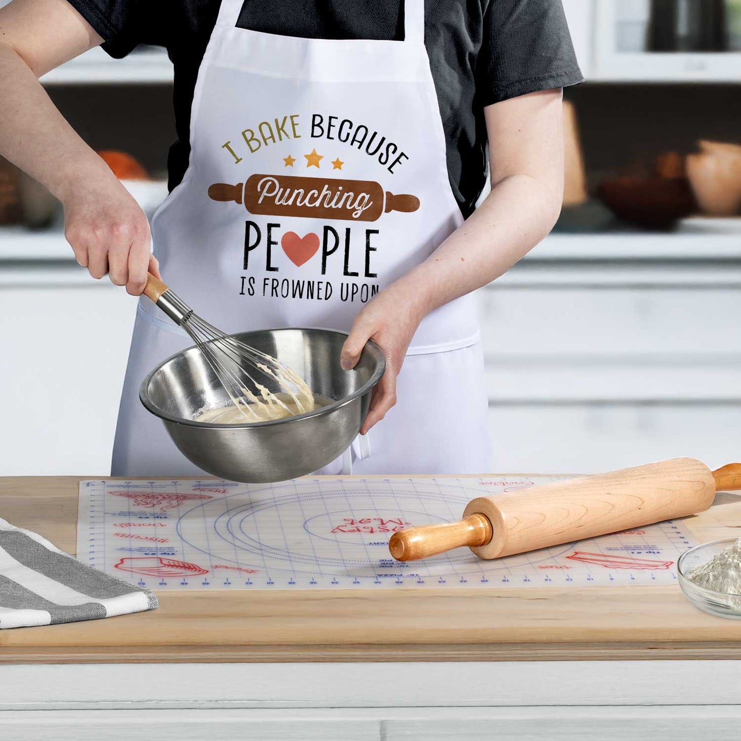 Counterart Punching Is Frowned Upon Chef Apron & 24" x 18" Pastry Mat BPA & PVC Free Plastic with Grid Markings for Tarts, Pies, & Pizzas