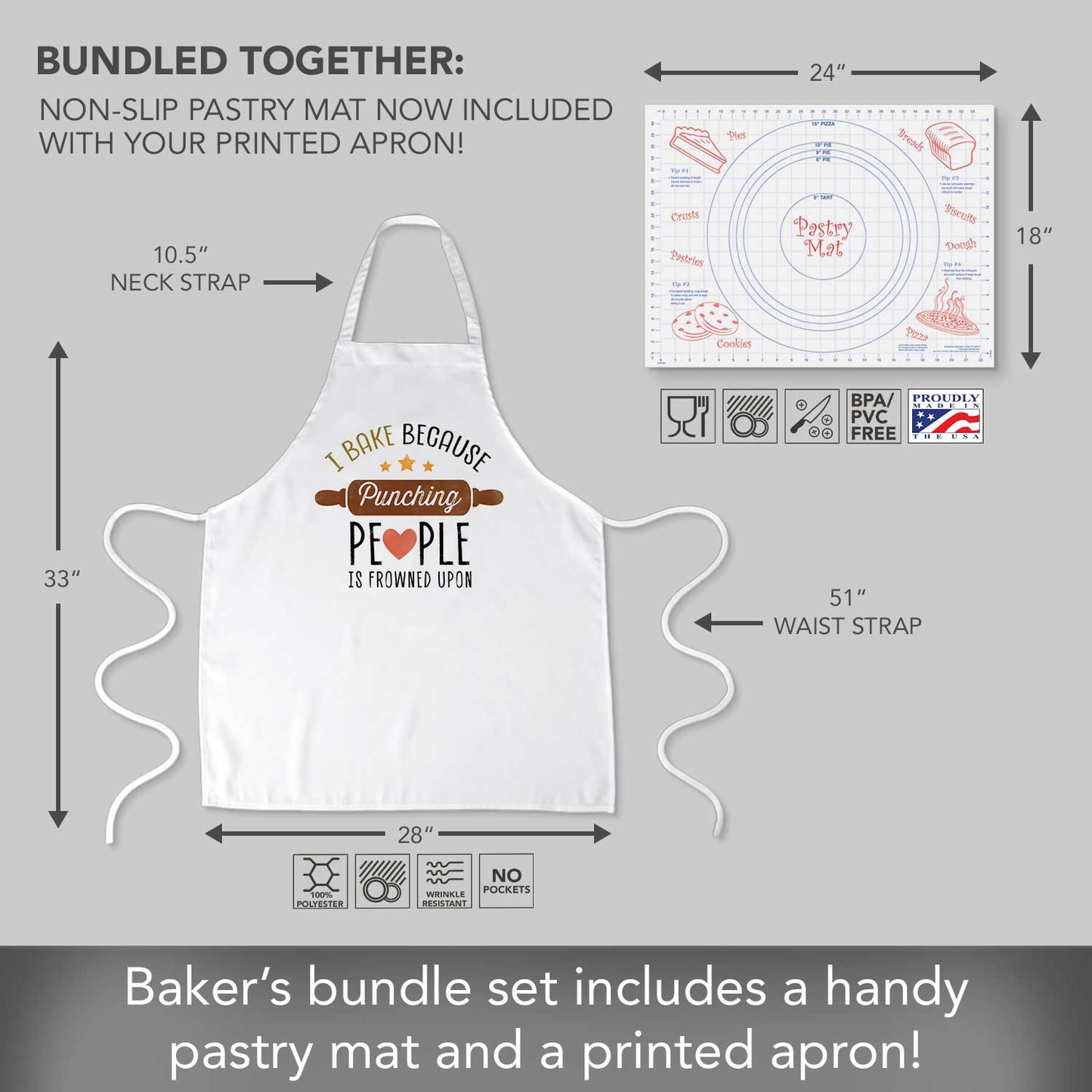 Counterart Punching Is Frowned Upon Chef Apron & 24" x 18" Pastry Mat BPA & PVC Free Plastic with Grid Markings for Tarts, Pies, & Pizzas