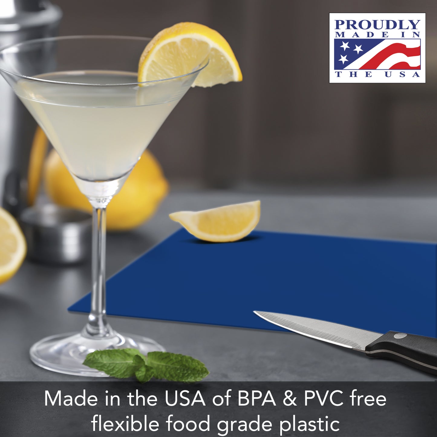 Cut N’ Funnel Blue Martini 4 Pack Thick Multicolor Plastic Cutting Board Mat Made in the USA BPA & PVC Free Plastic Mat Measures 8” x 6”.