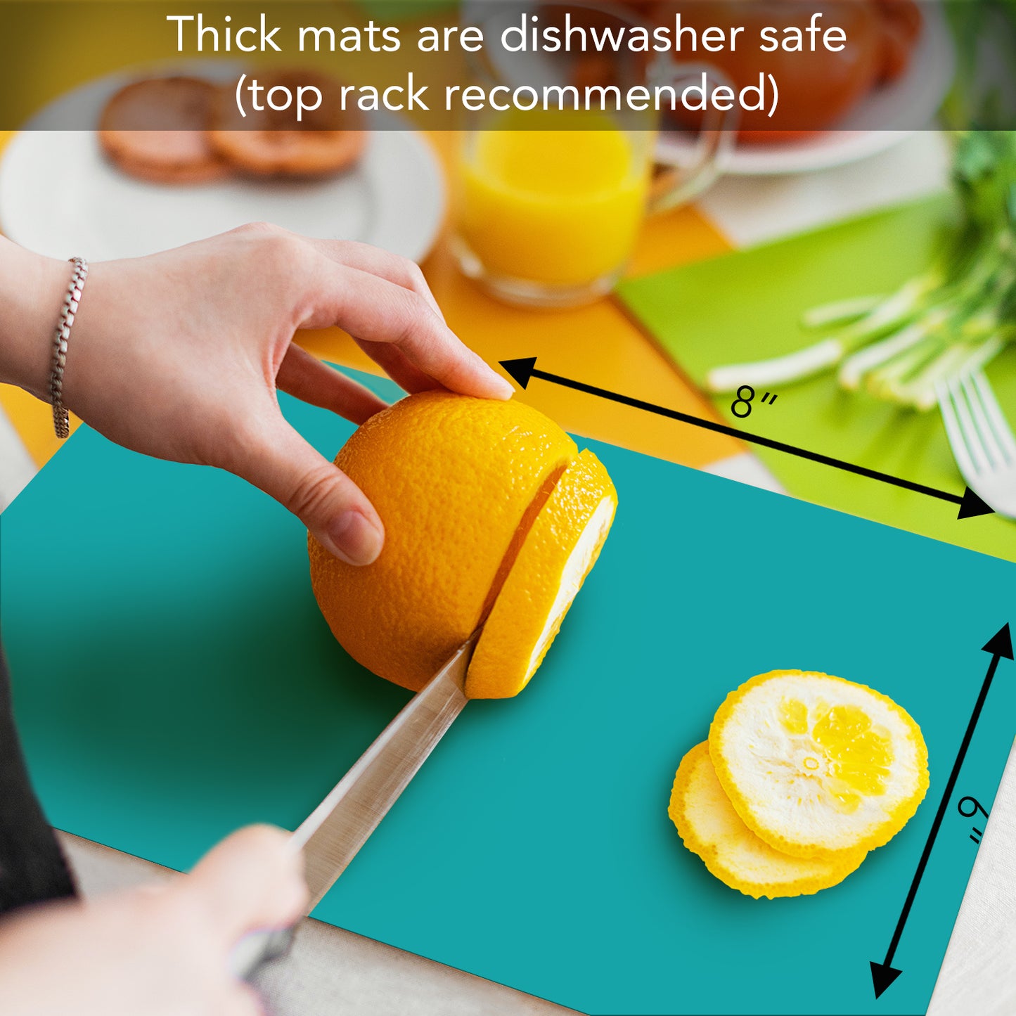Cut N’ Funnel Blue Martini 4 Pack Thick Multicolor Plastic Cutting Board Mat Made in the USA BPA & PVC Free Plastic Mat Measures 8” x 6”.