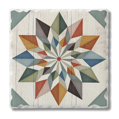 Thirstystone Quilt Design Hex Star Single Tumbled Tile Stone Coaster with Protective Cork Backing Manufactured in The USA 4" Square, Artistic, Easily Wipes Clean