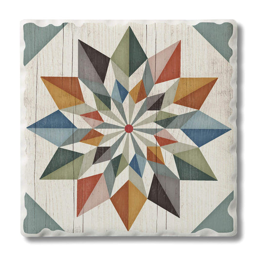 Thirstystone Quilt Design Hex Star Single Tumbled Tile Stone Coaster with Protective Cork Backing Manufactured in The USA 4" Square, Artistic, Easily Wipes Clean