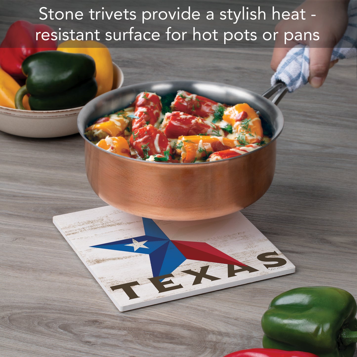 Thirstystone Texas Decorative Heat Tolerant Stone Trivet with Non-Skid Cork Backing 8” Square