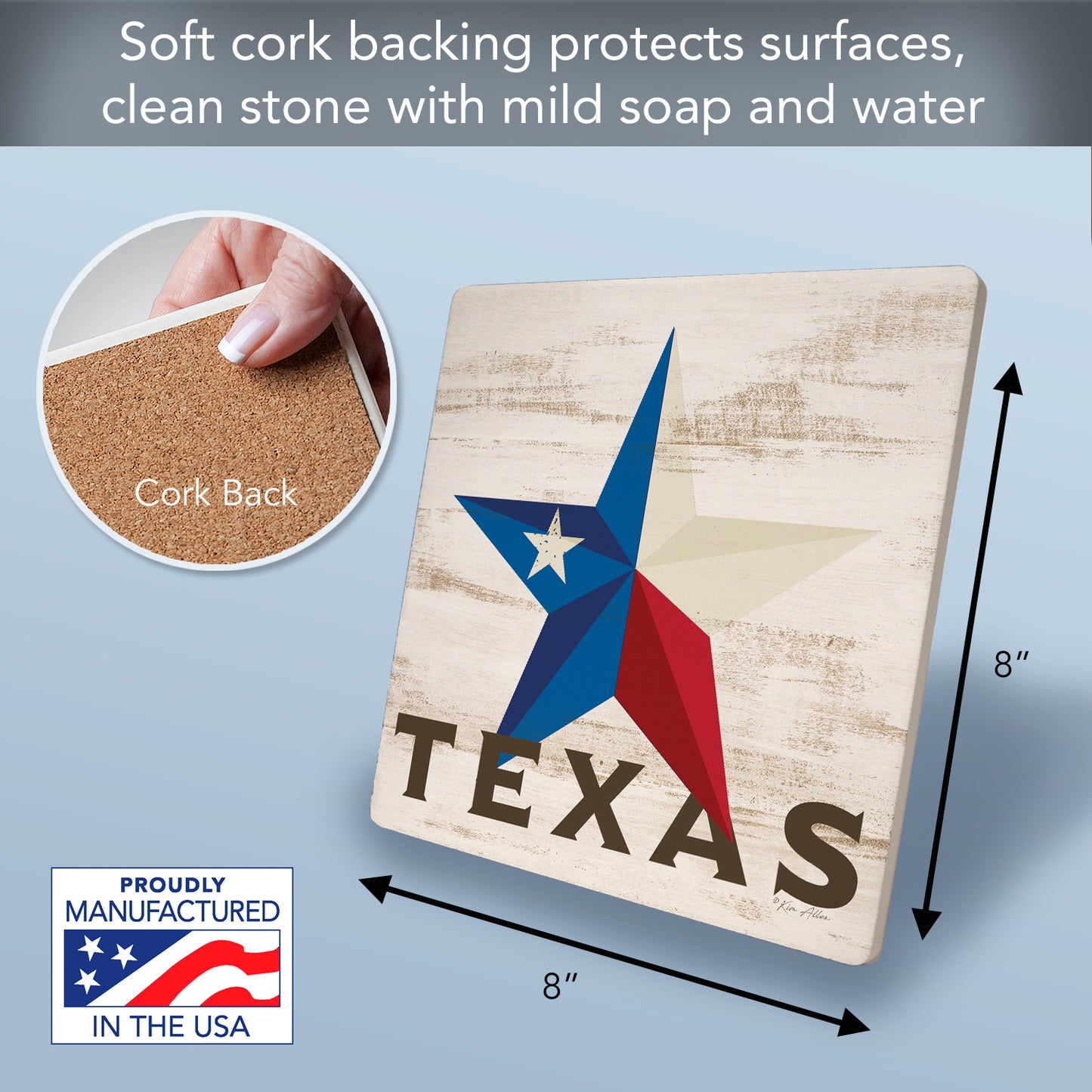 Thirstystone Texas Decorative Heat Tolerant Stone Trivet with Non-Skid Cork Backing 8” Square