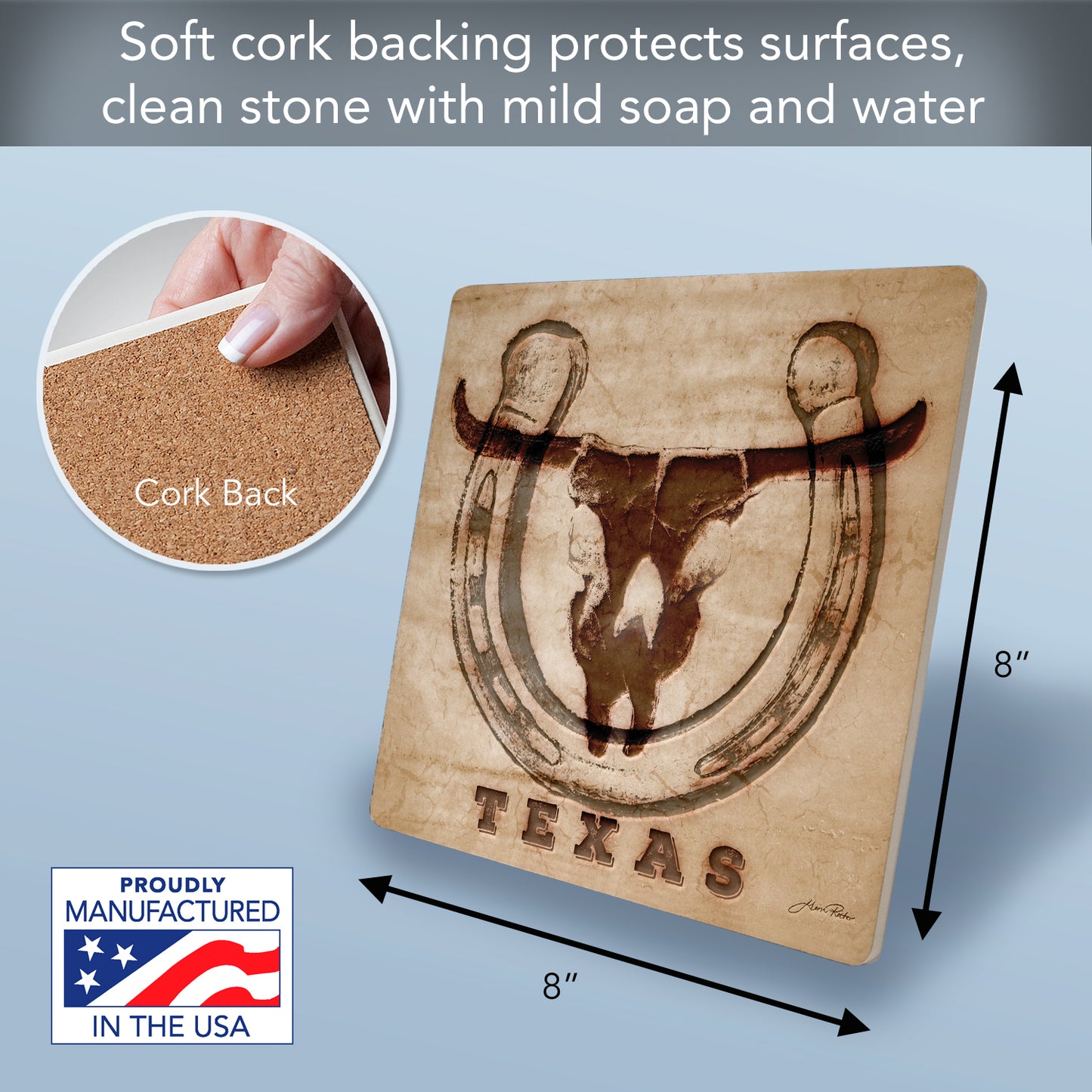 Thirstystone Western Skull Decorative Heat Tolerant Stone Trivet with Non-Skid Cork Backing 8” Square