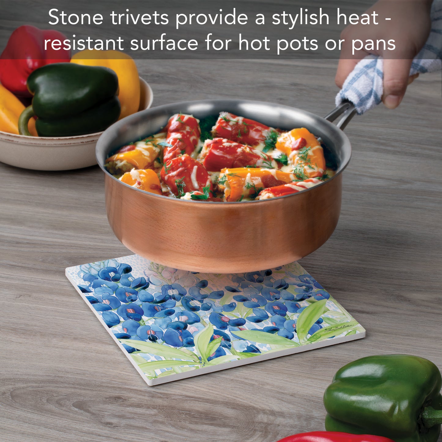 Thirstystone Bluebonnet Flowers Decorative Heat Tolerant Stone Trivet with Non-Skid Cork Backing 8” Square