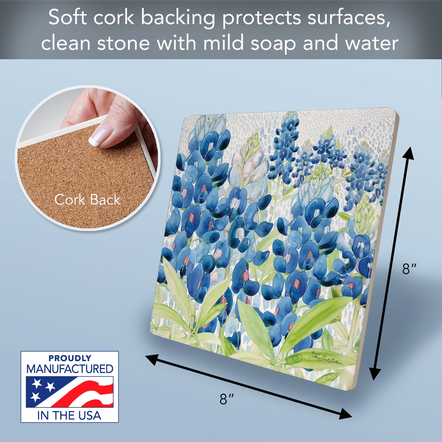 Thirstystone Bluebonnet Flowers Decorative Heat Tolerant Stone Trivet with Non-Skid Cork Backing 8” Square