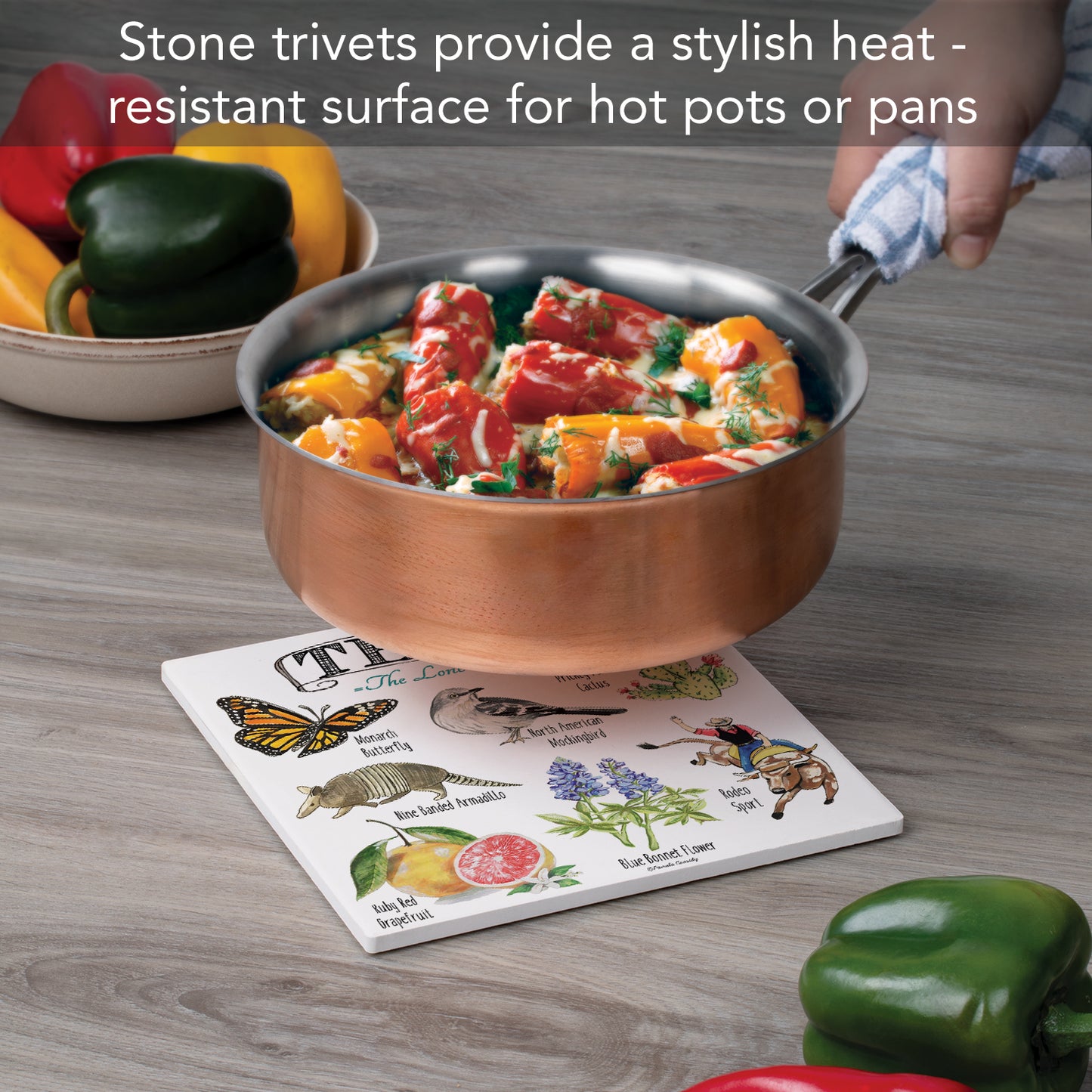 Thirstystone Texas State Icons Decorative Heat Tolerant Stone Trivet with Non-Skid Cork Backing 8” Square