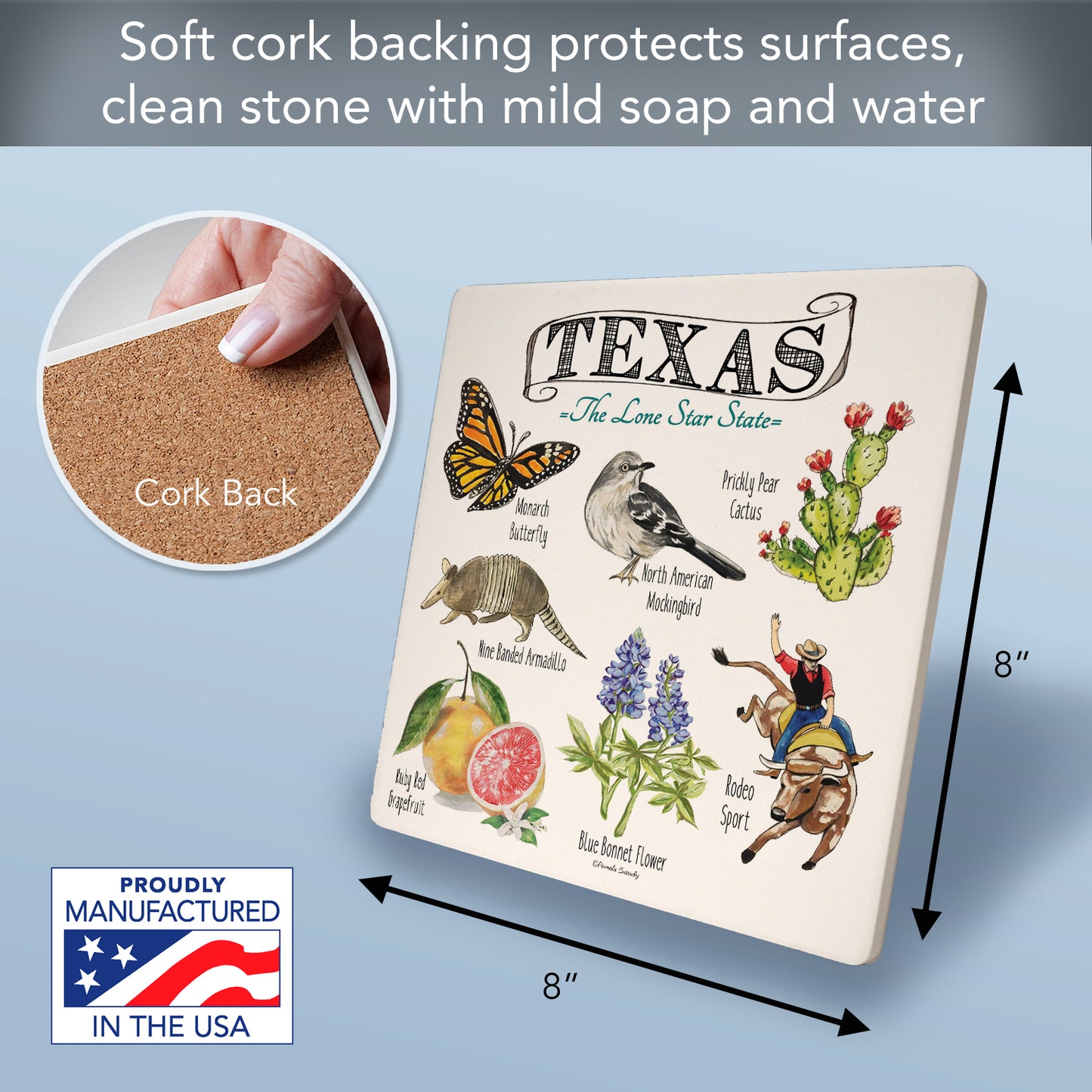 Thirstystone Texas State Icons Decorative Heat Tolerant Stone Trivet with Non-Skid Cork Backing 8” Square