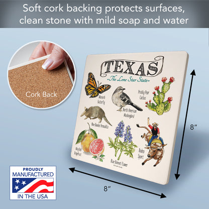 Thirstystone Texas State Icons Decorative Heat Tolerant Stone Trivet with Non-Skid Cork Backing 8” Square