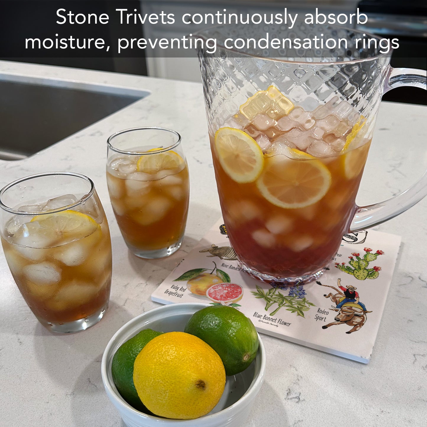 Thirstystone Texas State Icons Decorative Heat Tolerant Stone Trivet with Non-Skid Cork Backing 8” Square