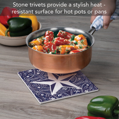 Thirstystone Blue Bandana Decorative Heat Tolerant Stone Trivet with Non-Skid Cork Backing 8” Square
