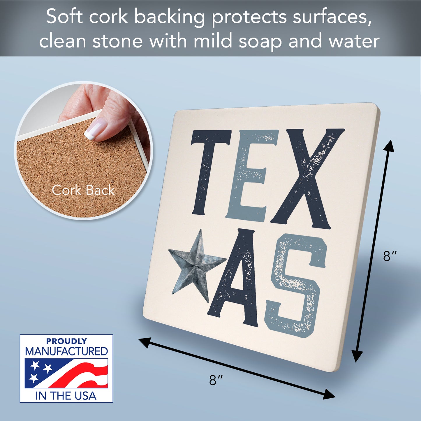 Thirstystone Patriotic Texas Decorative Heat Tolerant Stone Trivet with Non-Skid Cork Backing 8” Square