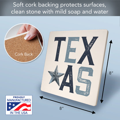 Thirstystone Patriotic Texas Decorative Heat Tolerant Stone Trivet with Non-Skid Cork Backing 8” Square