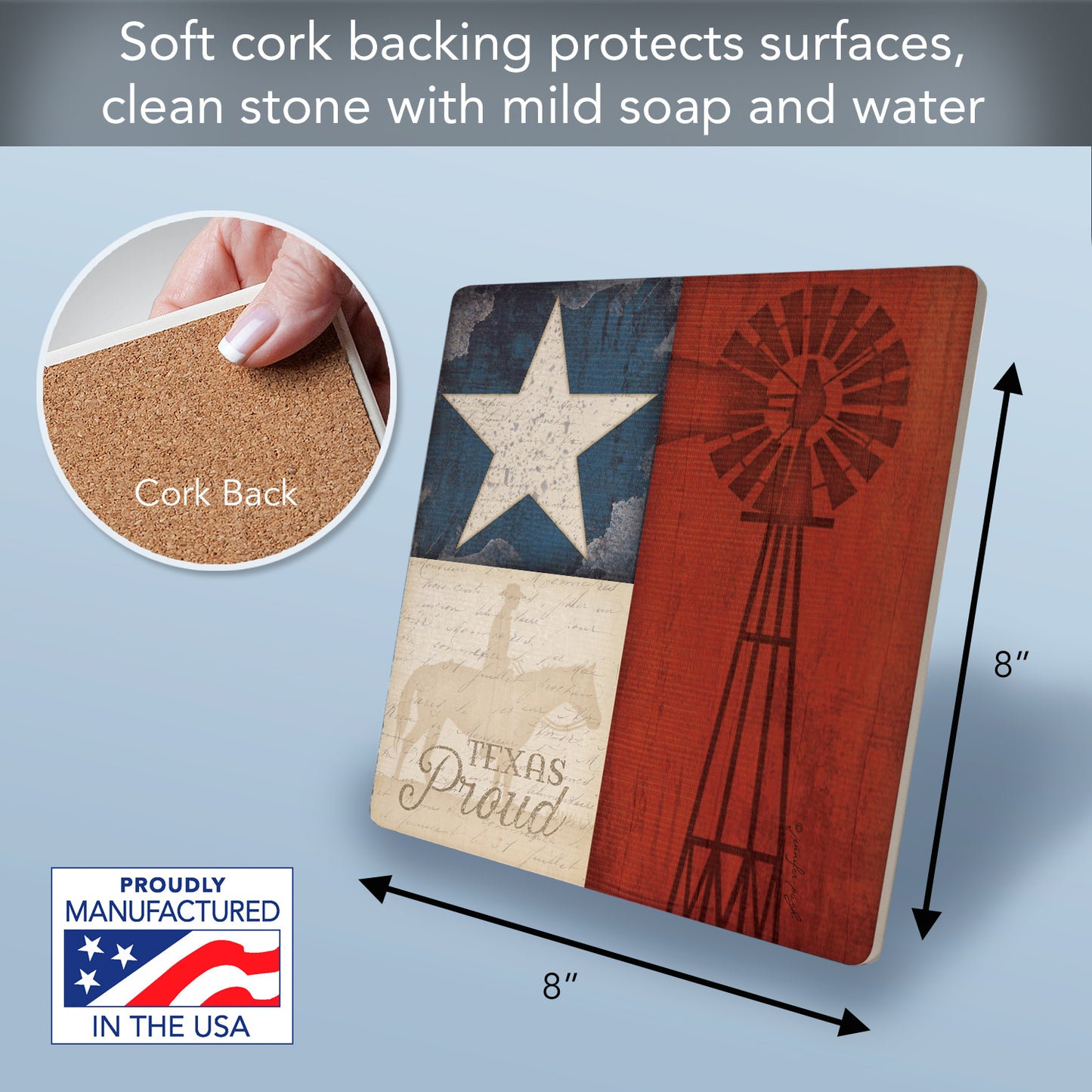 Thirstystone Texas Proud Decorative Heat Tolerant Stone Trivet with Non-Skid Cork Backing 8” Square